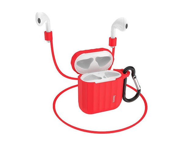Θήκη Hoco WB10 Silicone Protective για Airpods 1/2 Κόκκινη με Γάντζο και Strap Λαιμού